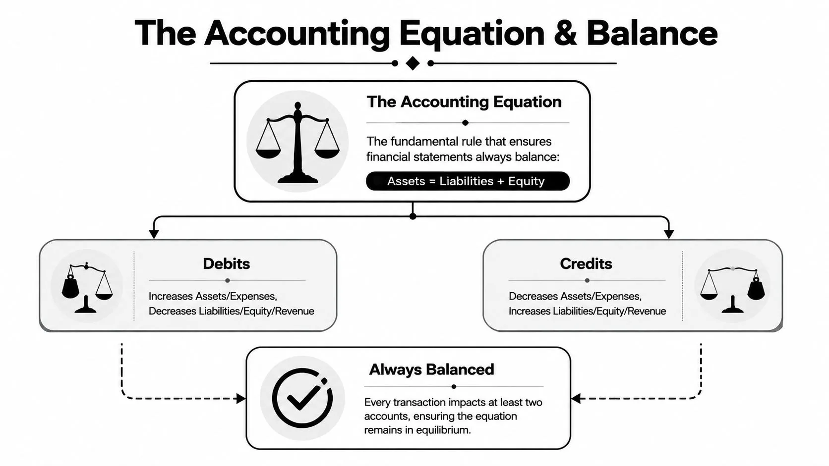An educational infographic explaining the accounting equation, showing the relationship between debits, credits, assets, and liabilities.