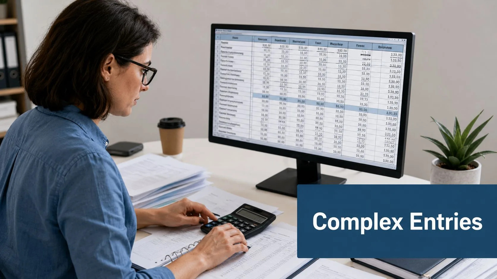 A woman working at a desk with a computer and calculator, focusing on complex accounting journal entries.