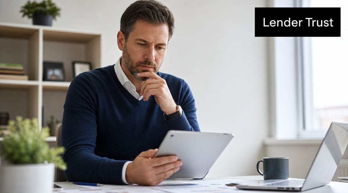A professional man sitting at a desk reviewing financial data on a tablet with a laptop nearby.