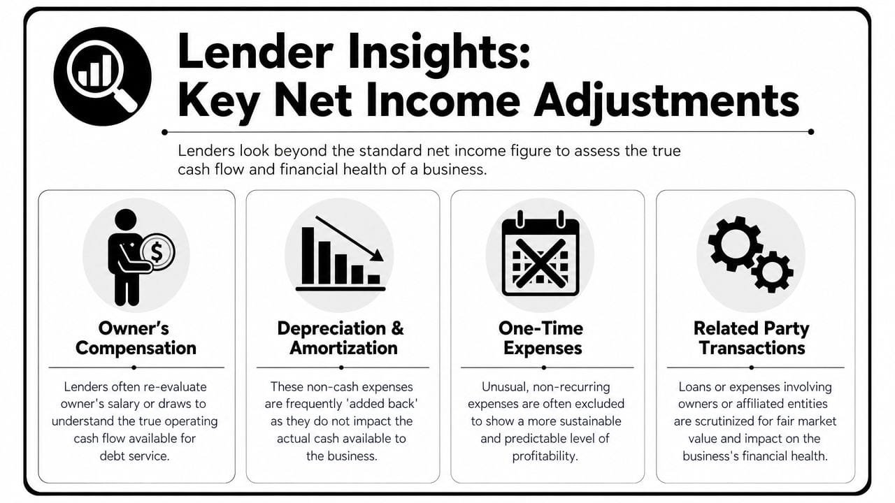 An infographic detailing four key net income adjustments lenders evaluate to assess a business's true financial health.