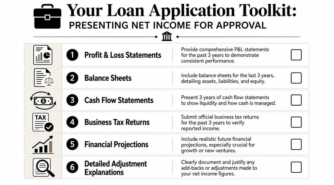 A loan application toolkit infographic listing six essential financial documents needed for presenting business net income.