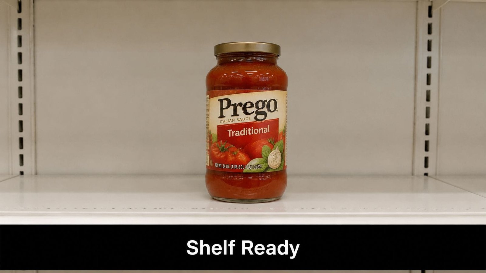A single jar of Prego Traditional Italian sauce sitting centered on an empty grocery store shelf.