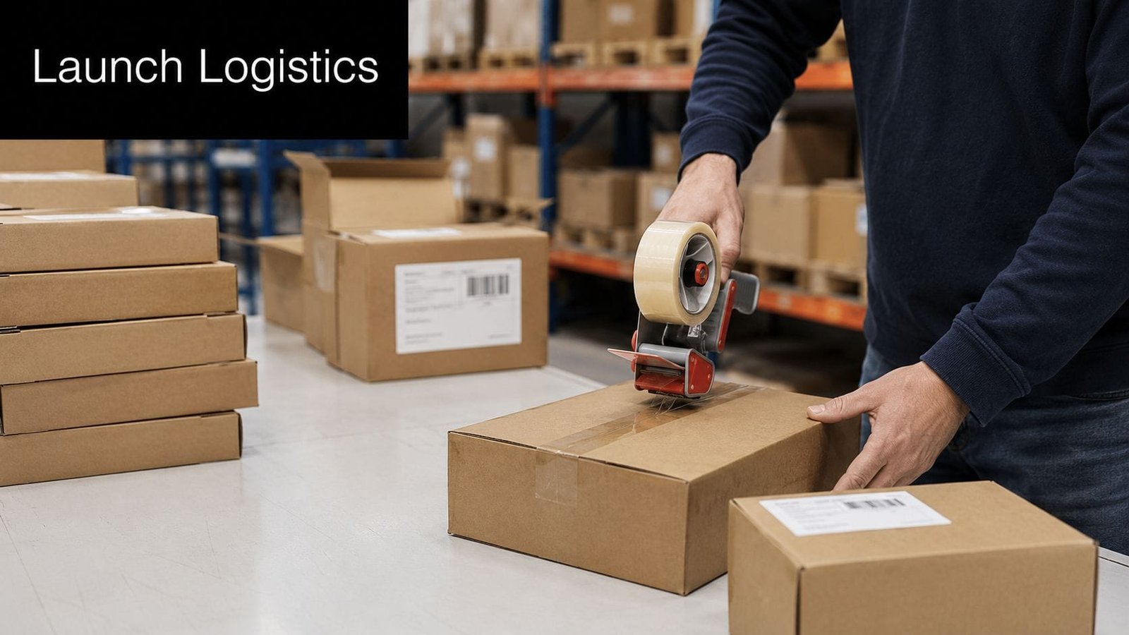 A person sealing a cardboard package with a packing tape dispenser in a warehouse distribution center.