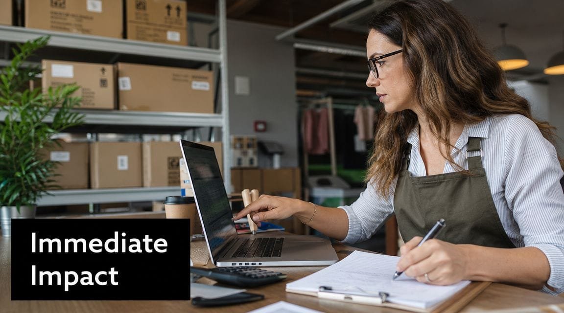 A woman wearing an apron and glasses works in a warehouse while reviewing digital and paper documents.