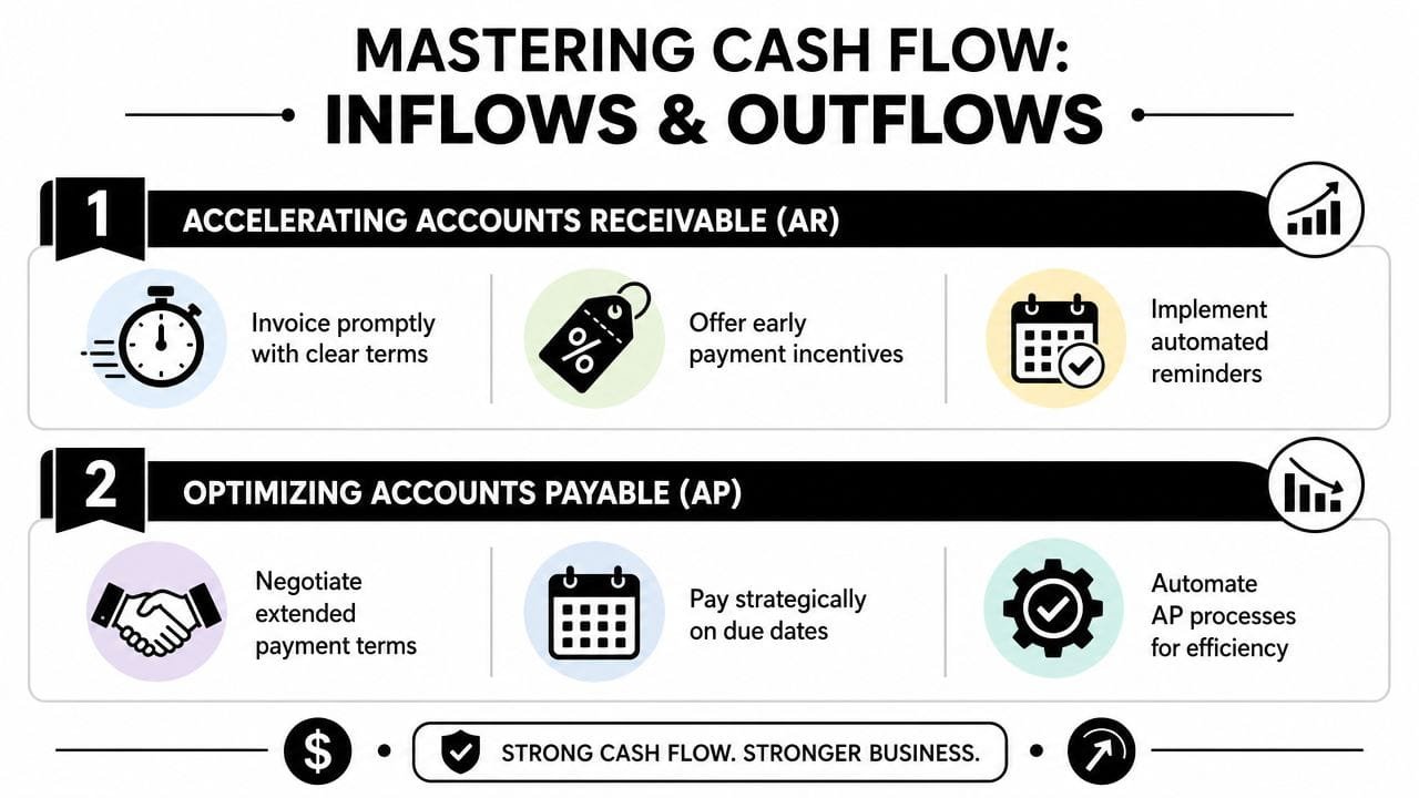 An infographic detailing strategies for mastering cash flow through accounts receivable acceleration and accounts payable optimization.
