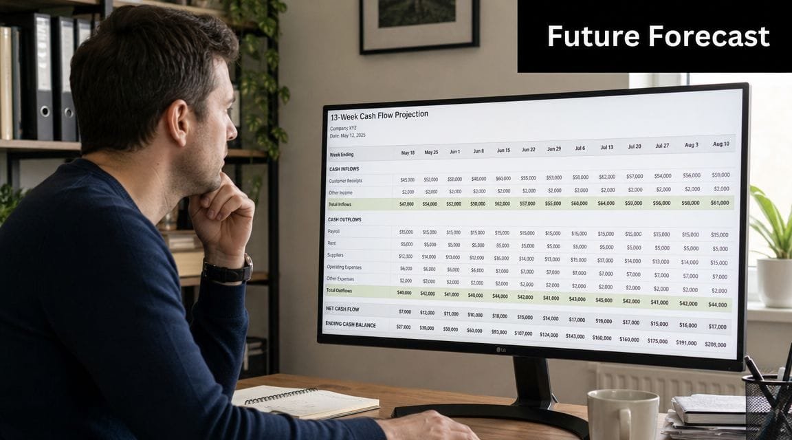 A professional man reviewing a detailed 13-week cash flow projection report displayed on his computer monitor.