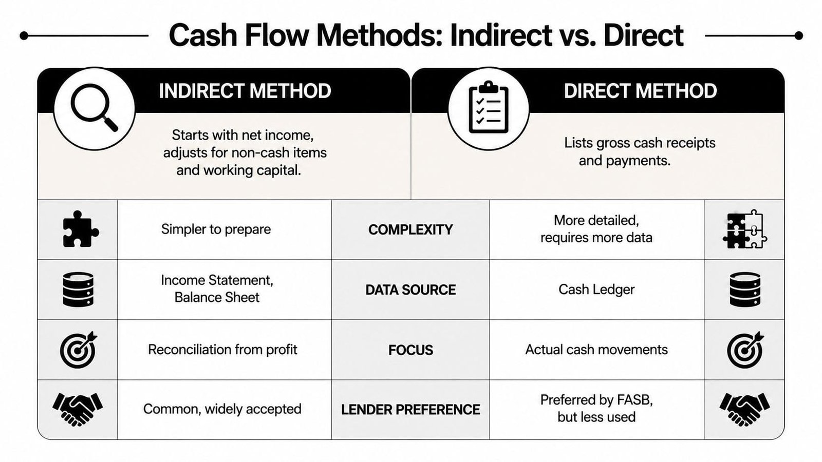 A comparison table outlining the key differences between the indirect and direct methods for statement of cash flows.