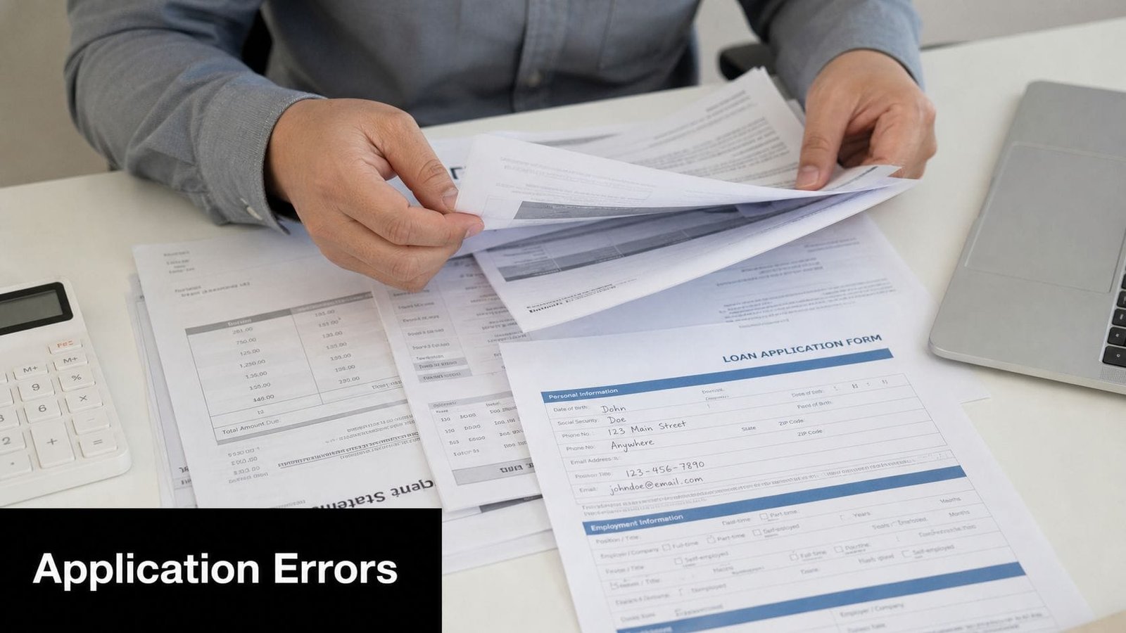 A person reviewing a loan application form and financial statement documents at an office desk.
