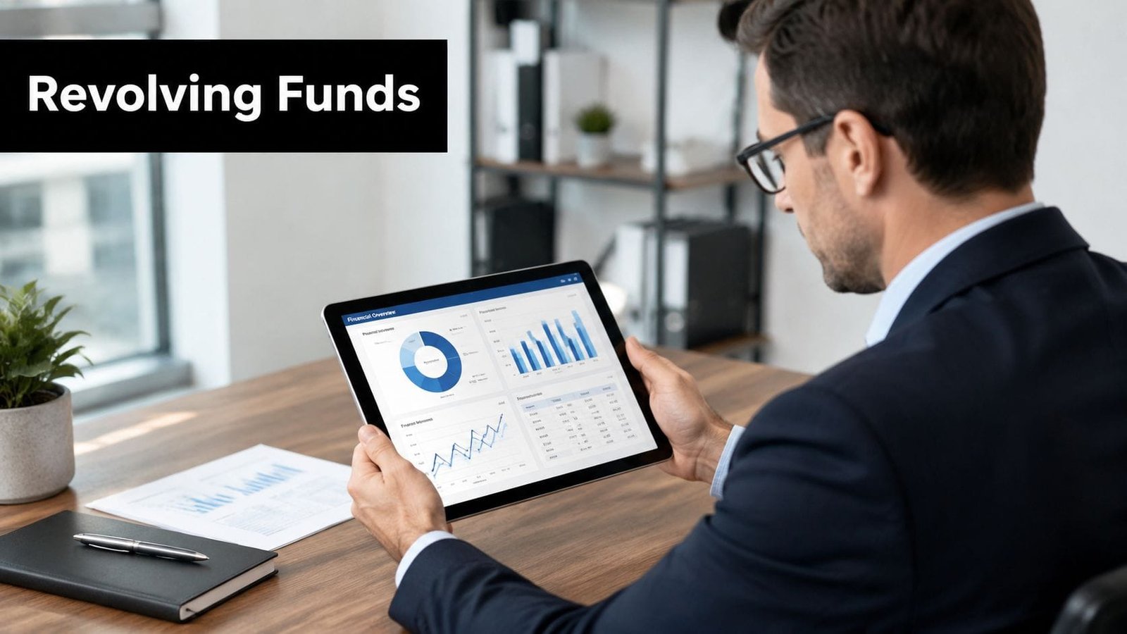 A professional man in a suit reviews financial charts on a tablet in an office setting.