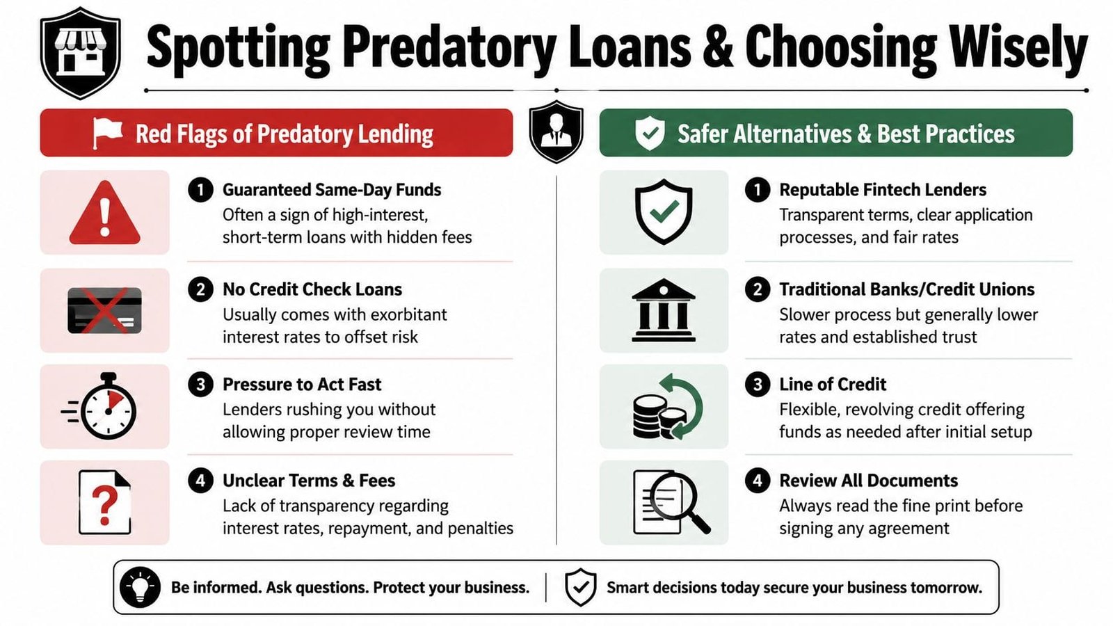 A business infographic showing four red flags of predatory lending and four safer alternatives for loans.