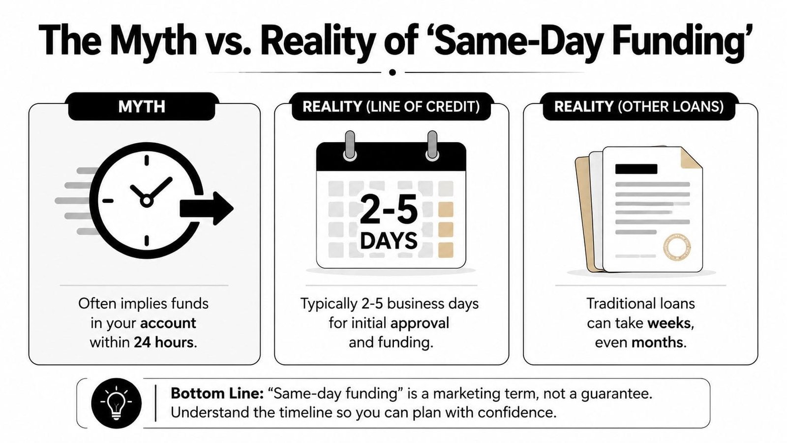 An infographic titled The Myth vs Reality of Same-Day Funding explaining typical loan processing timeframes.