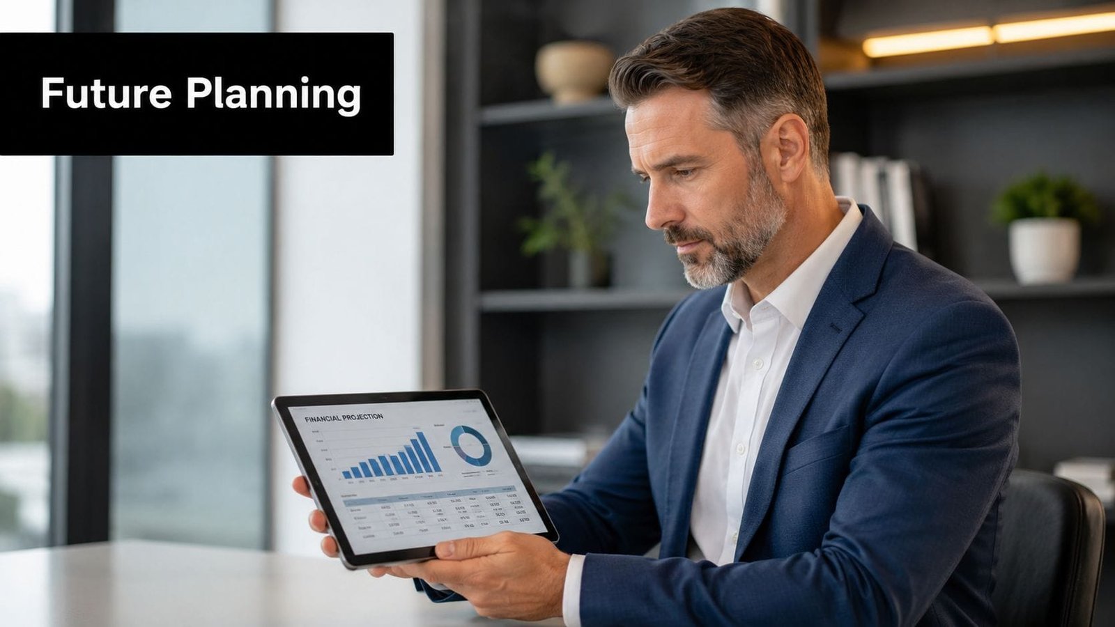 A professional man in a business suit reviewing financial projections on a tablet in an office.