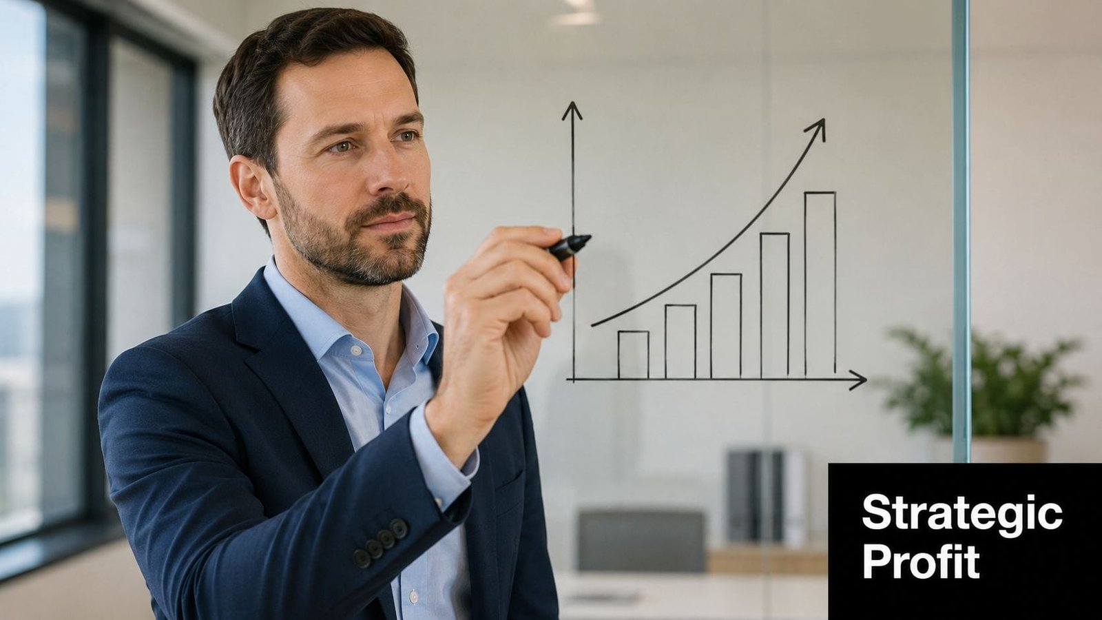 A professional man drawing an upward trending bar graph on a glass board in an office setting.