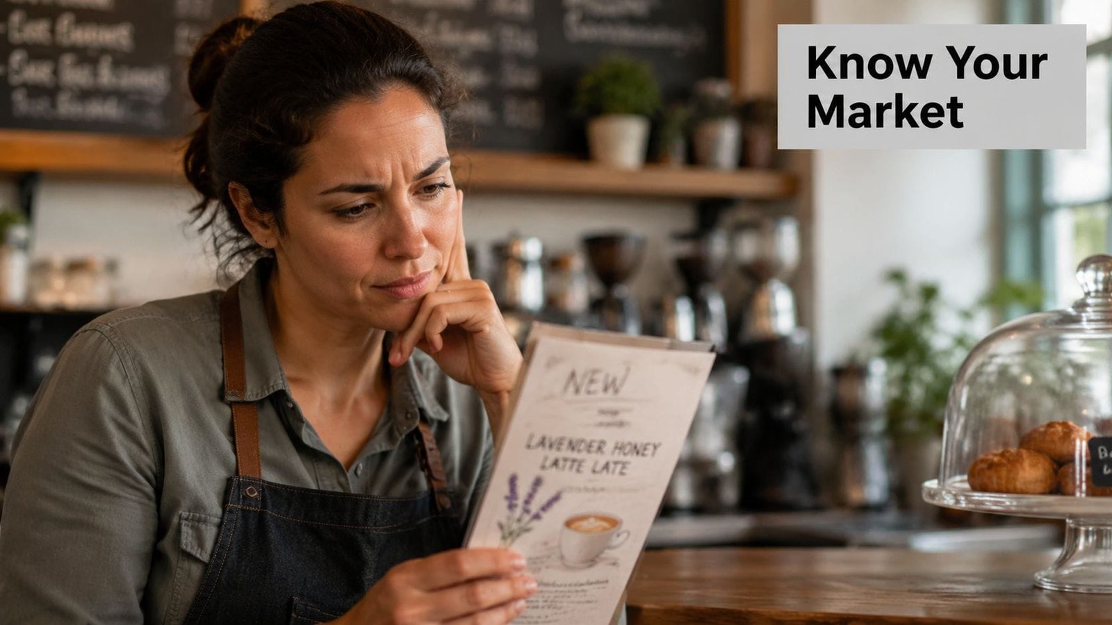 A focused barista wearing an apron reads a menu while standing in her coffee shop.