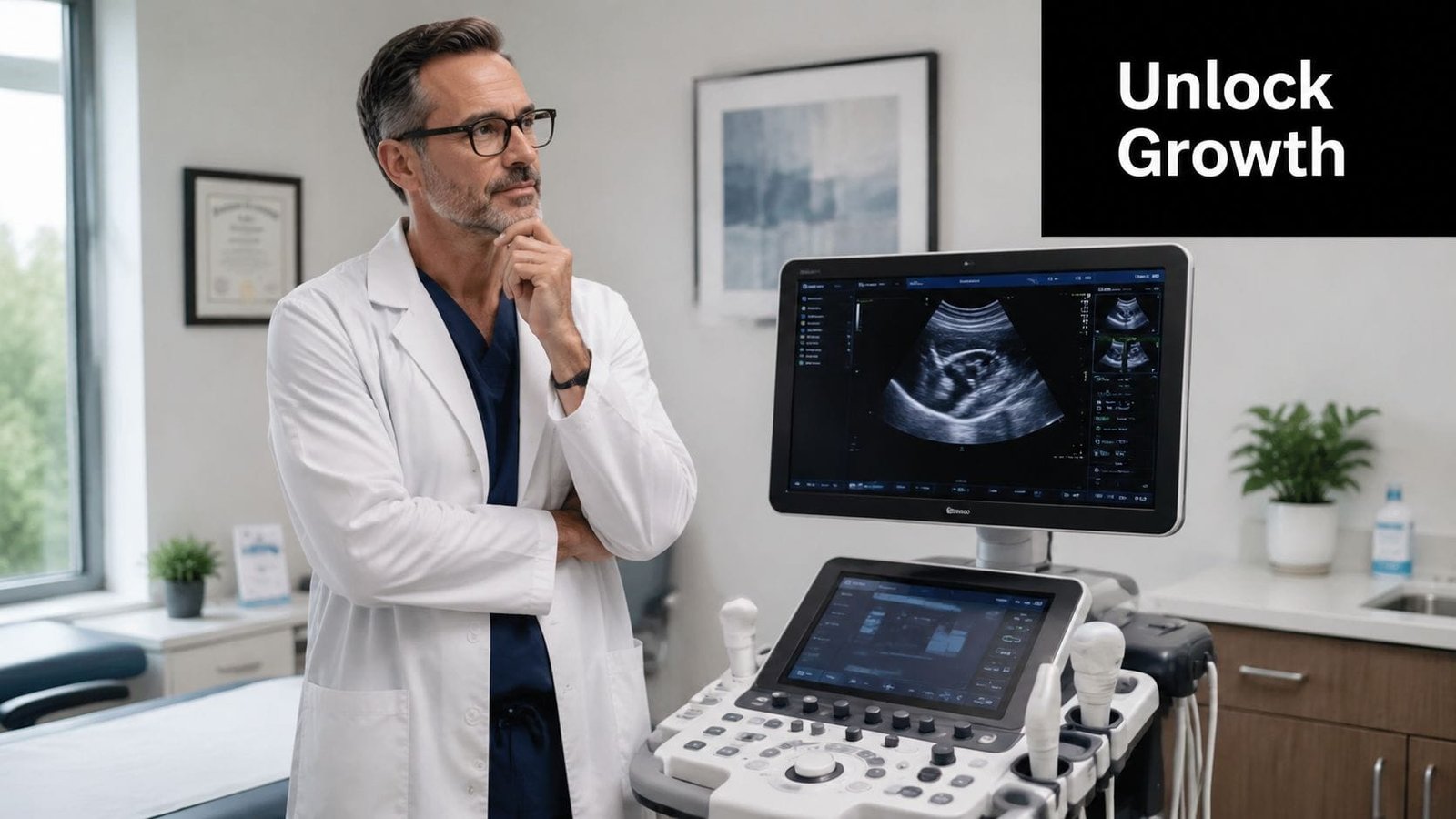 A male doctor in a white lab coat contemplates next to a medical ultrasound diagnostic imaging machine.