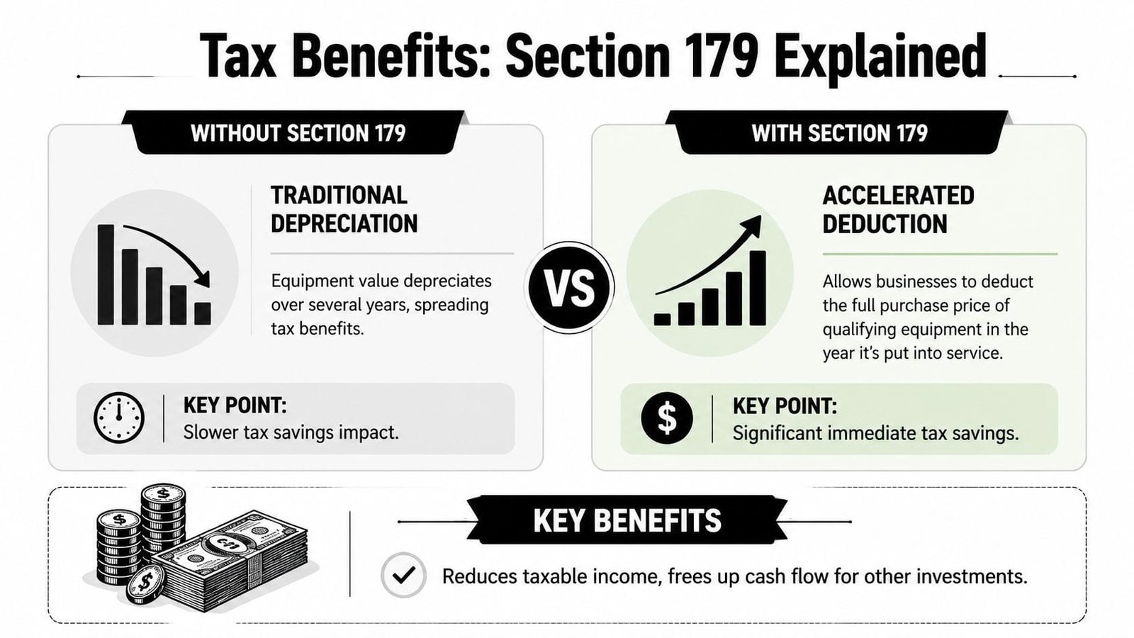 An infographic comparing traditional depreciation with Section 179 accelerated tax deductions for business equipment purchases.