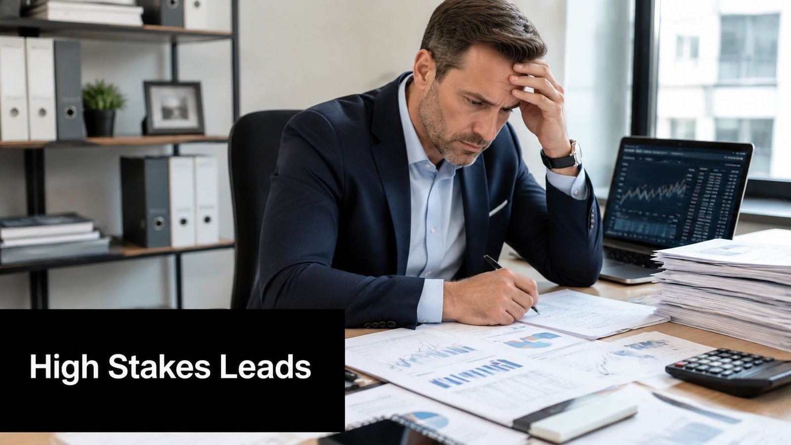 A stressed businessman analyzing financial charts and data documents at his office desk with a laptop.