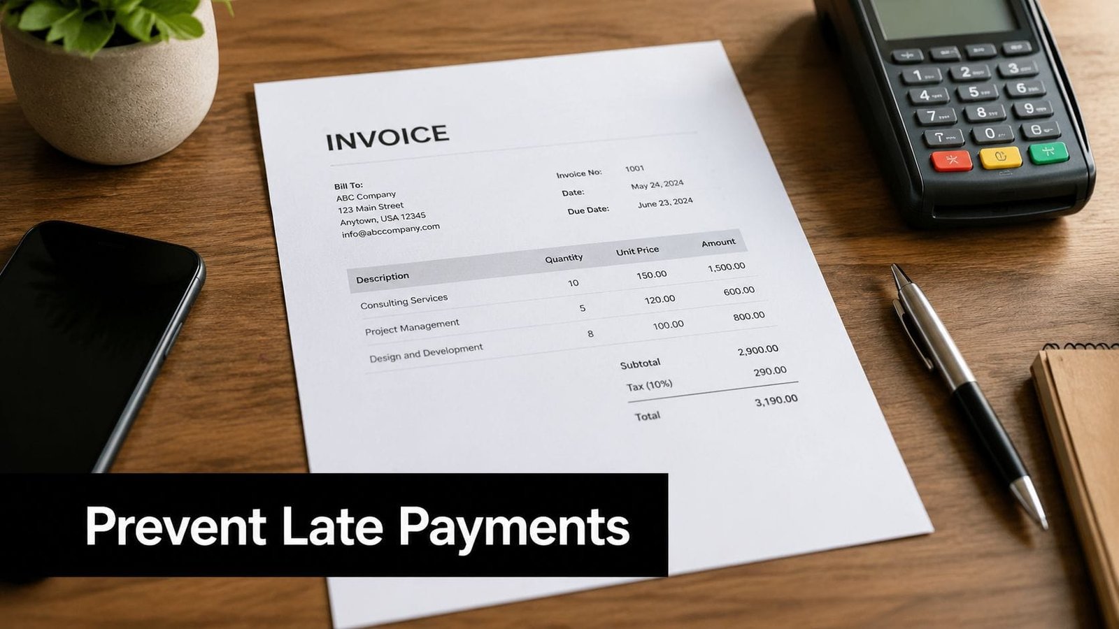 A professional invoice document rests on a wooden desk next to a smartphone, a pen, and a terminal.