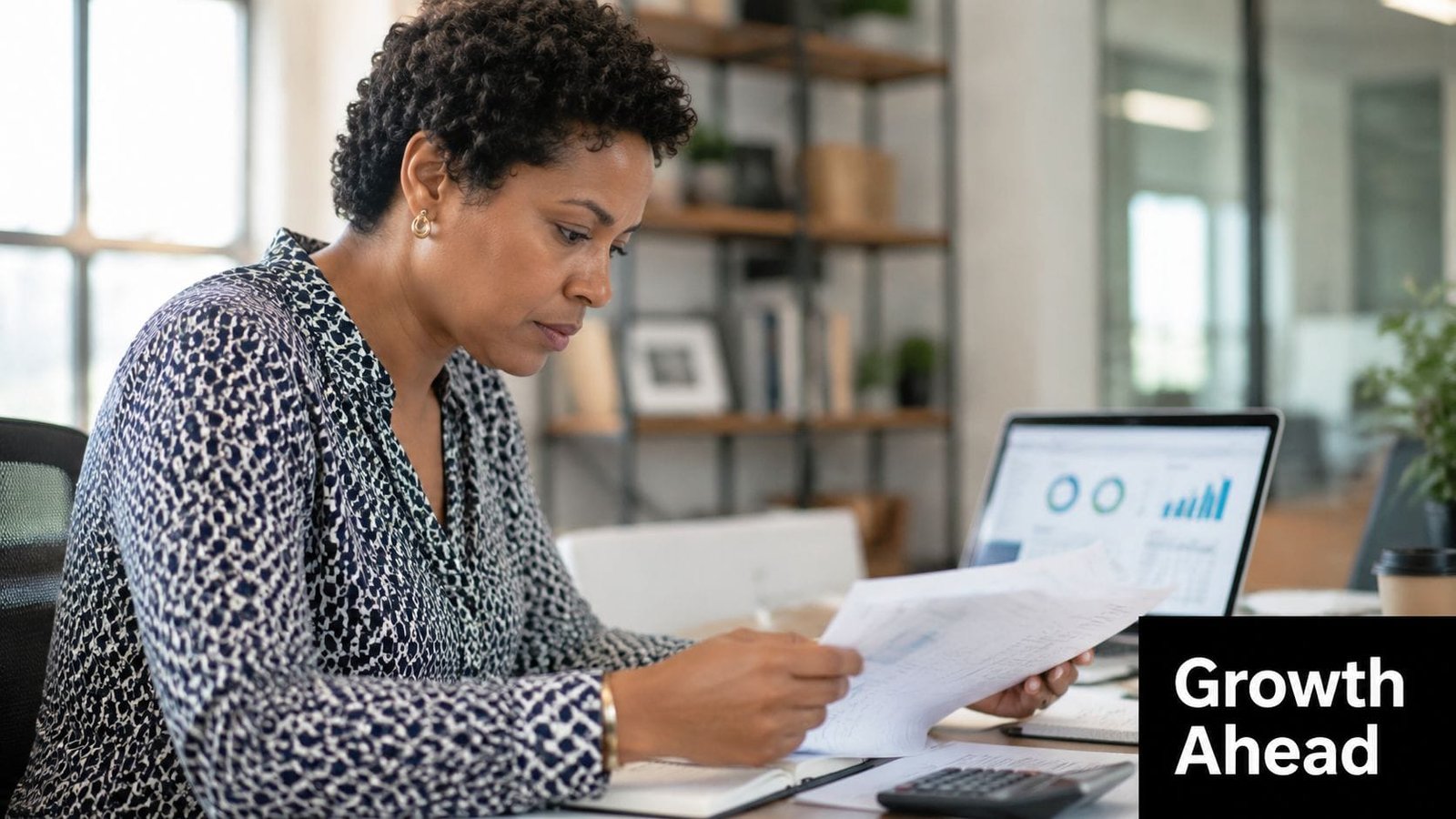A professional woman reviews financial documents at a desk with a laptop and calculator in an office.