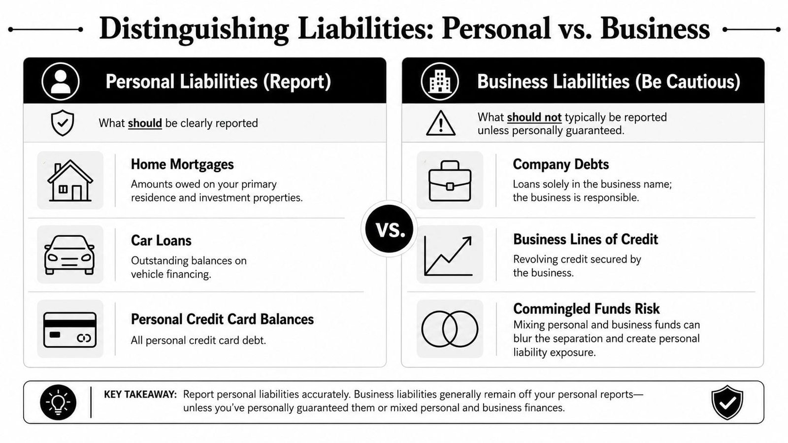 A comparison chart explaining the difference between personal and business liabilities for financial reporting purposes.