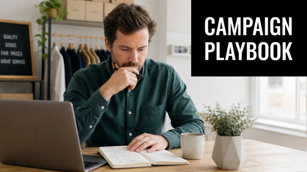A focused man wearing a dark green shirt works on his campaign strategy while looking at a laptop.