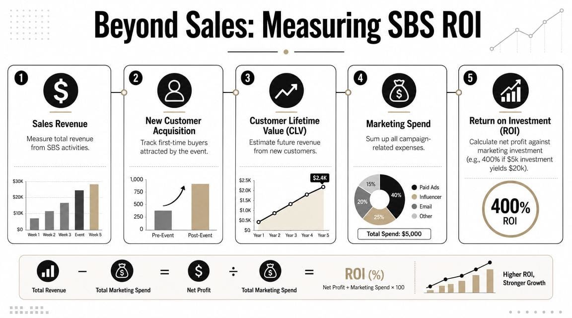 An infographic illustrating five key steps to measure the return on investment for Small Business Saturday activities.
