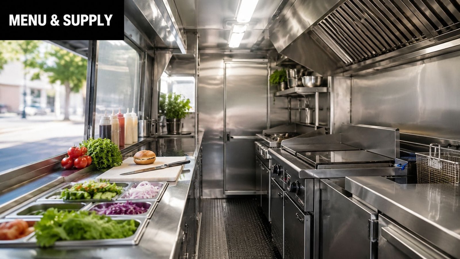 The clean interior of a professional food truck kitchen prepared with fresh ingredients and stainless steel equipment.