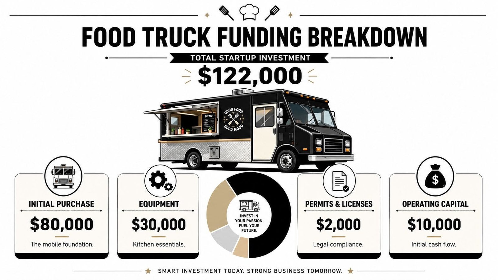 A visual breakdown chart detailing the startup funding costs required to launch a food truck business.