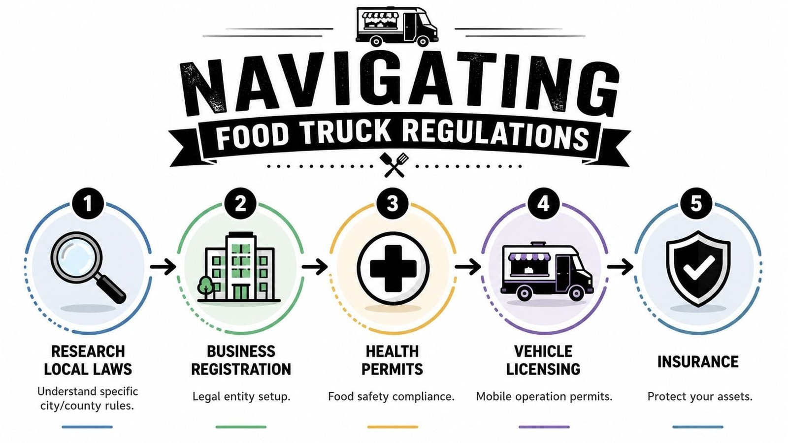 A five-step infographic showing the process of navigating food truck regulations, from research to insurance.
