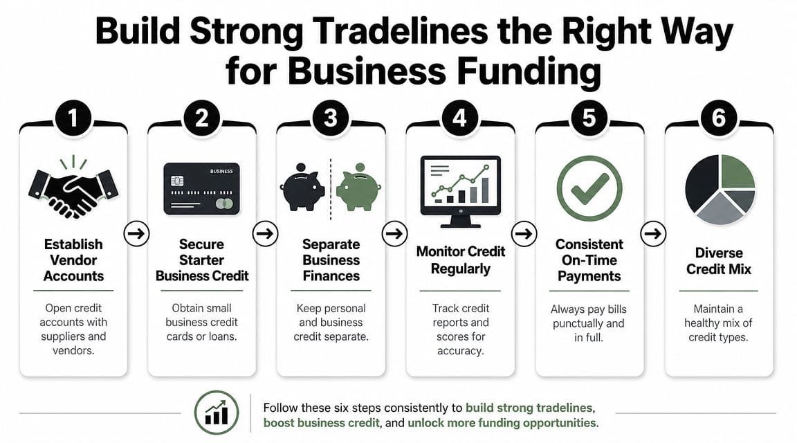 A six-step infographic showing how to build strong business tradelines to improve credit and gain funding.