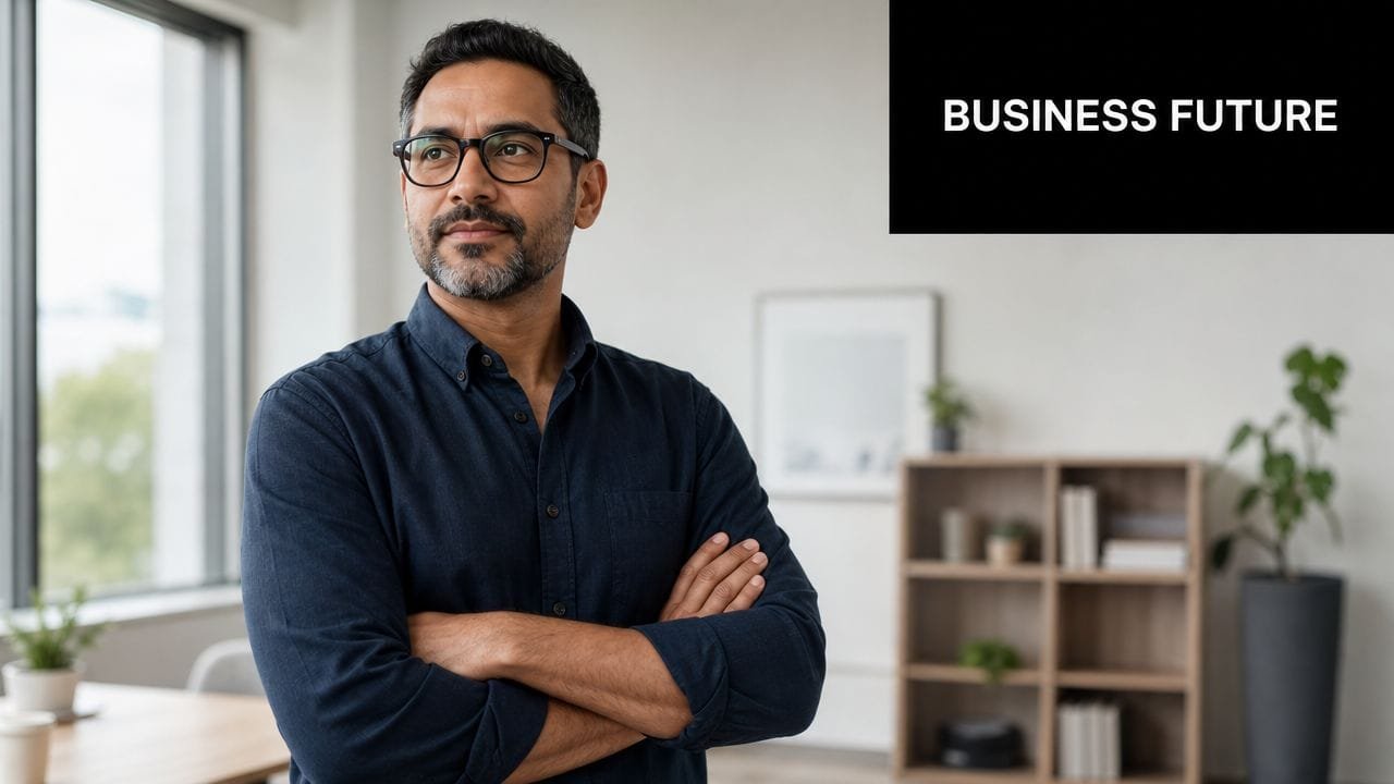 A professional man with glasses and a beard standing in a bright office with crossed arms.