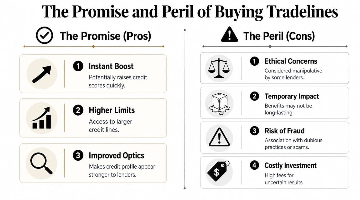 A comparison infographic listing the pros and cons of purchasing tradelines to improve credit scores.