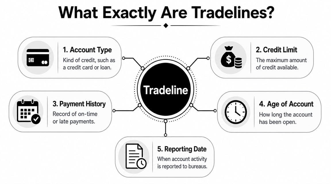 A diagram infographic explaining the five key components of a tradeline on a credit report.
