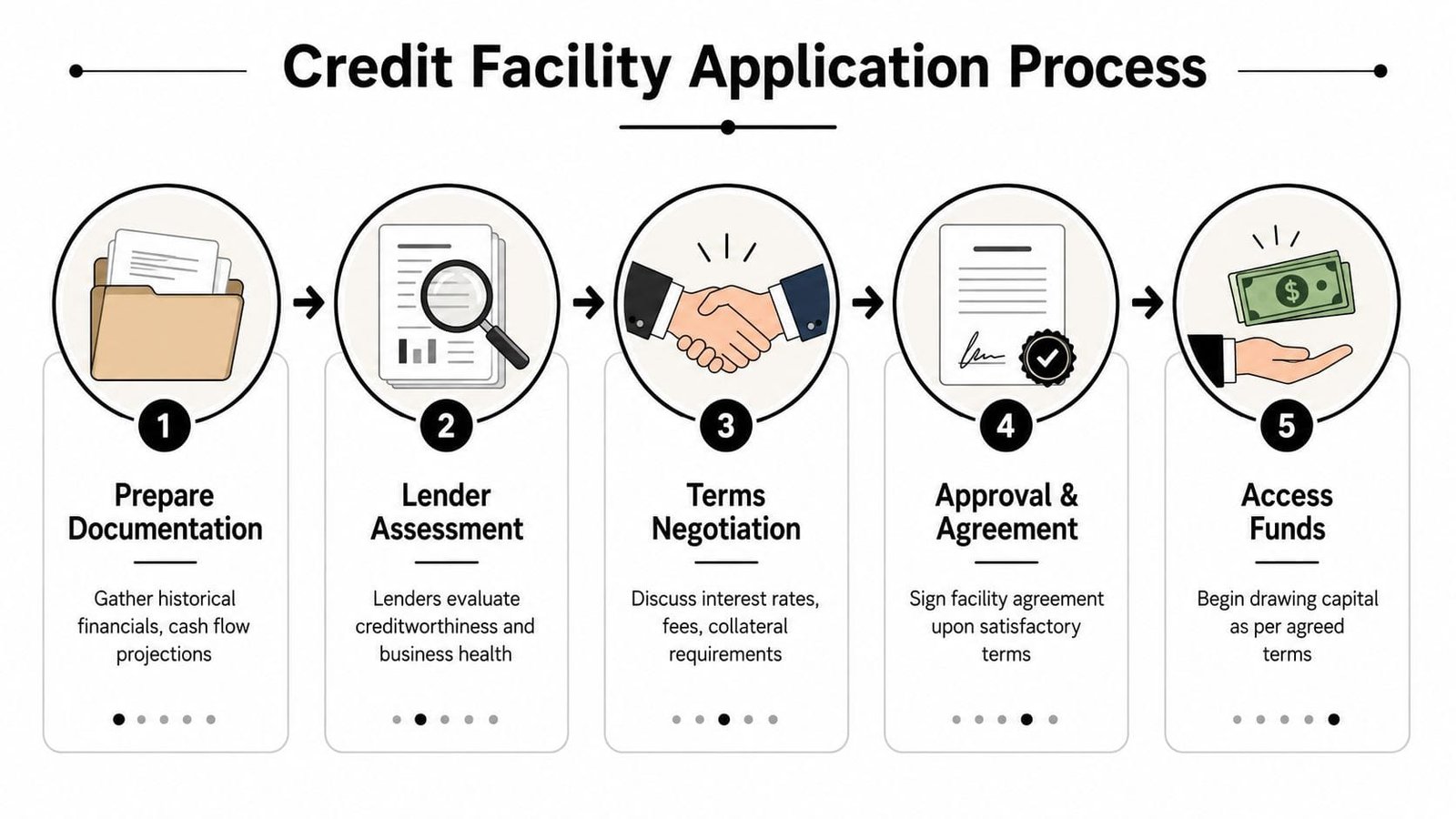A five-step flowchart illustrating the credit facility application process from documentation to accessing funds.
