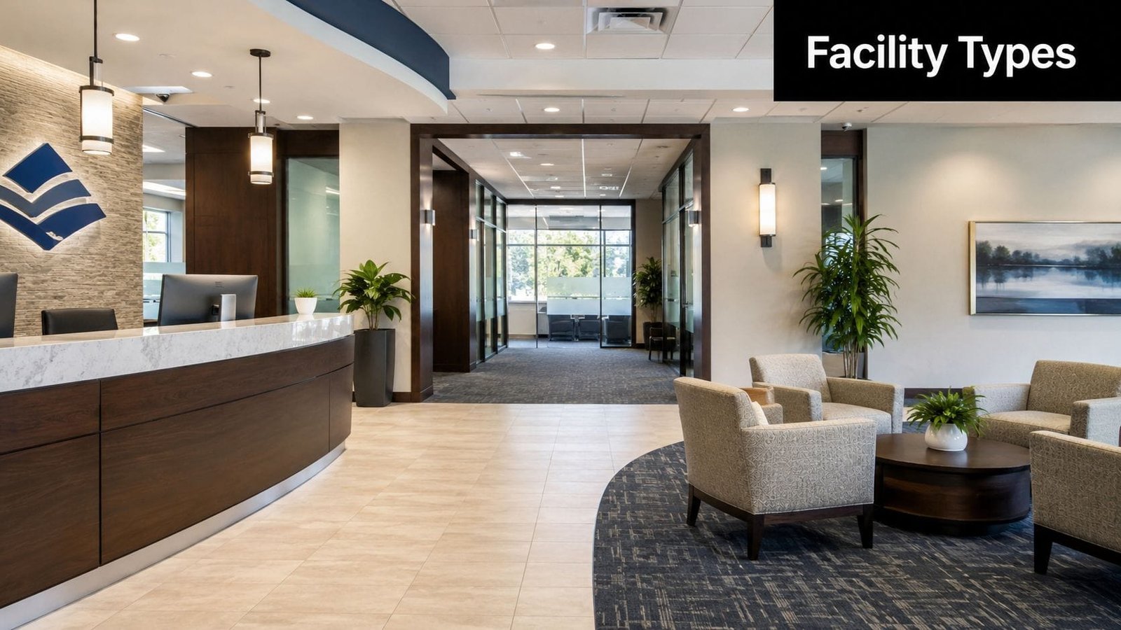 A professional bank lobby interior with a wooden reception desk, waiting area chairs, and glass office doors.