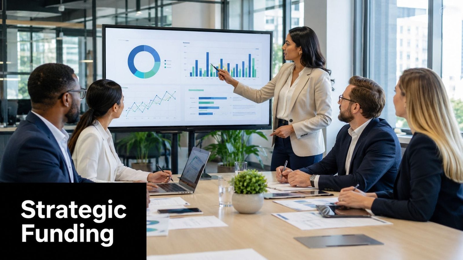 A professional woman presenting financial data on a large screen to a diverse team in a boardroom.