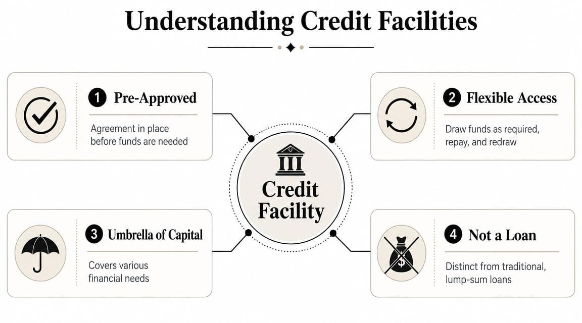 A diagram illustrating the concept of a credit facility with four key characteristics and benefits.
