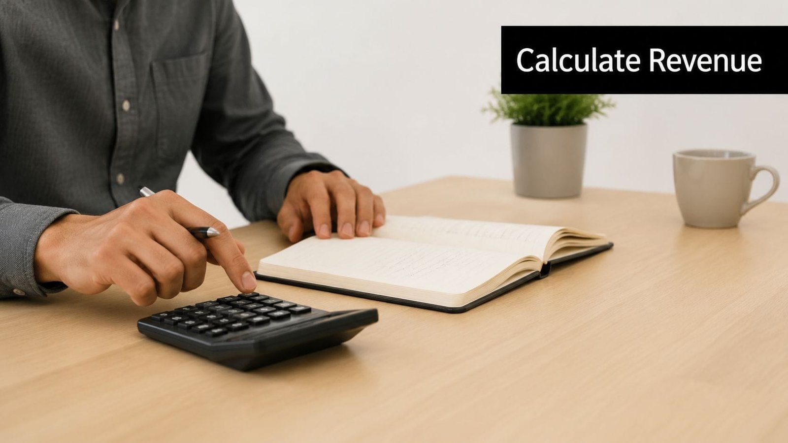 A person sitting at a wooden desk calculating financial data using a calculator and an open notebook.