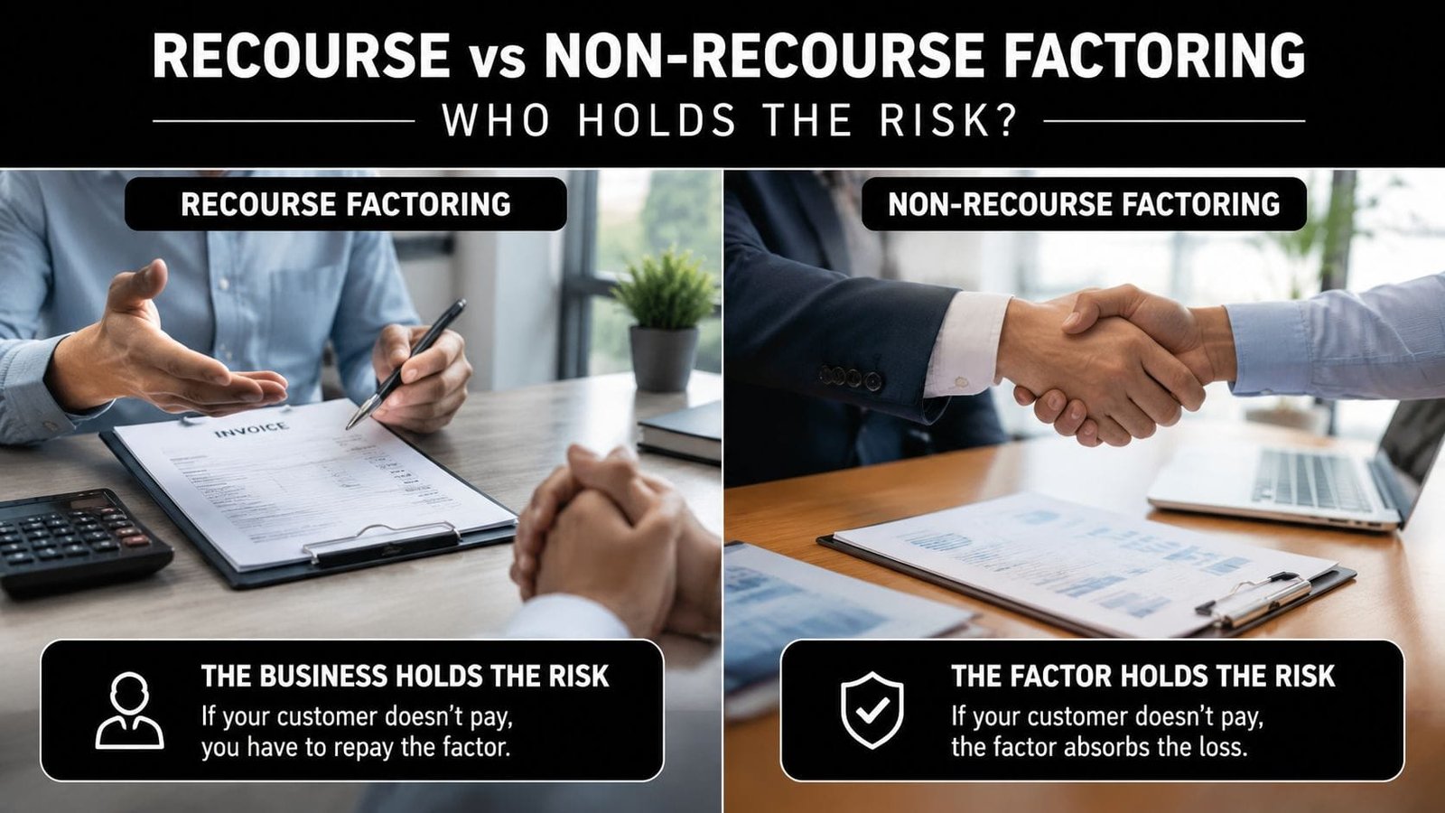 A comparison graphic explaining the difference between recourse and non-recourse factoring and who holds the risk.