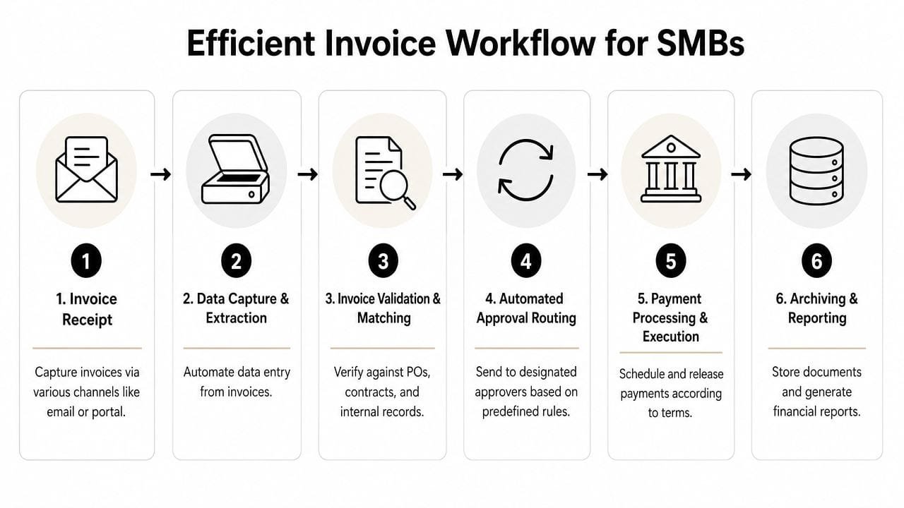 A six-step diagram illustrating an efficient invoice processing workflow for small to medium-sized businesses.