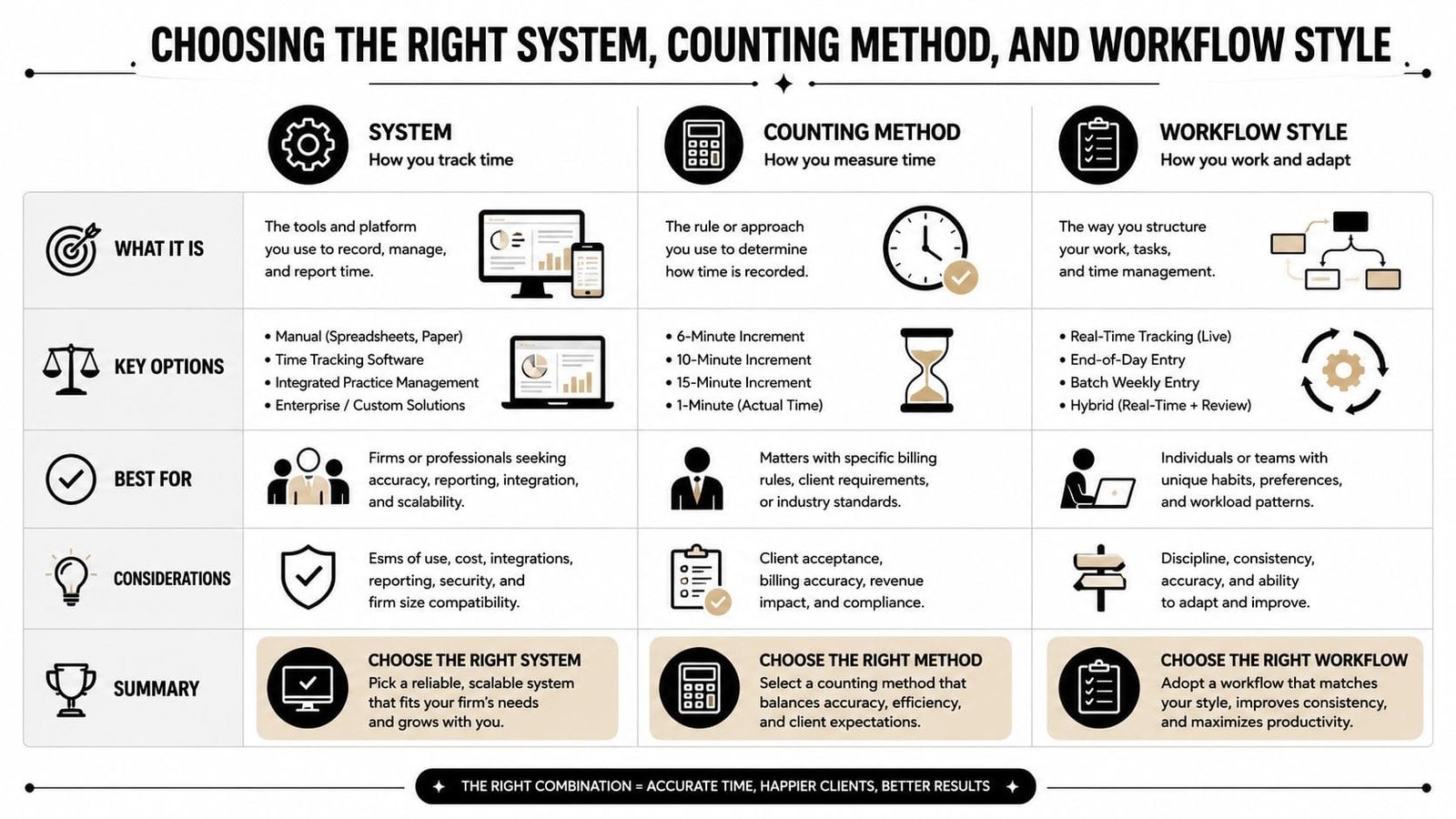 An infographic titled Choosing the Right System, Counting Method, and Workflow Style for effective time management.