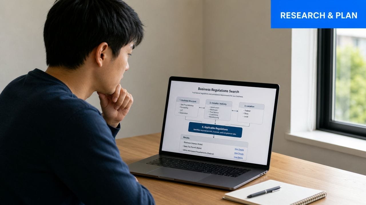 A young professional analyzing business license requirements and compliance information on his laptop at a desk.