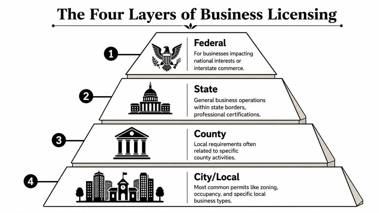 A pyramid diagram showing the four hierarchical layers of business licensing from federal to city levels.
