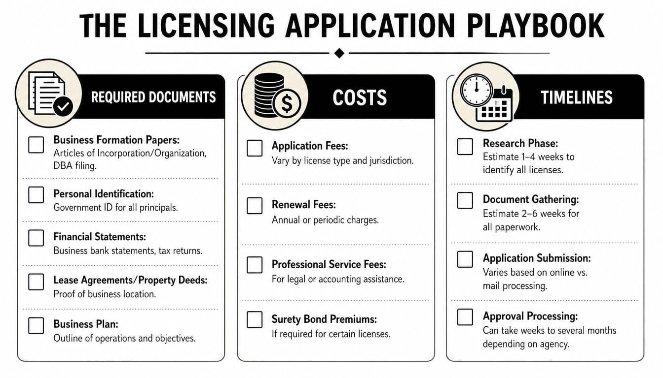 A checklist infographic titled The Licensing Application Playbook outlining necessary business documents, costs, and project timelines.