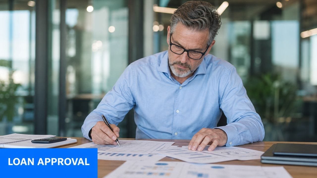 A professional man with glasses sitting at a desk and reviewing financial documents for loan approval.