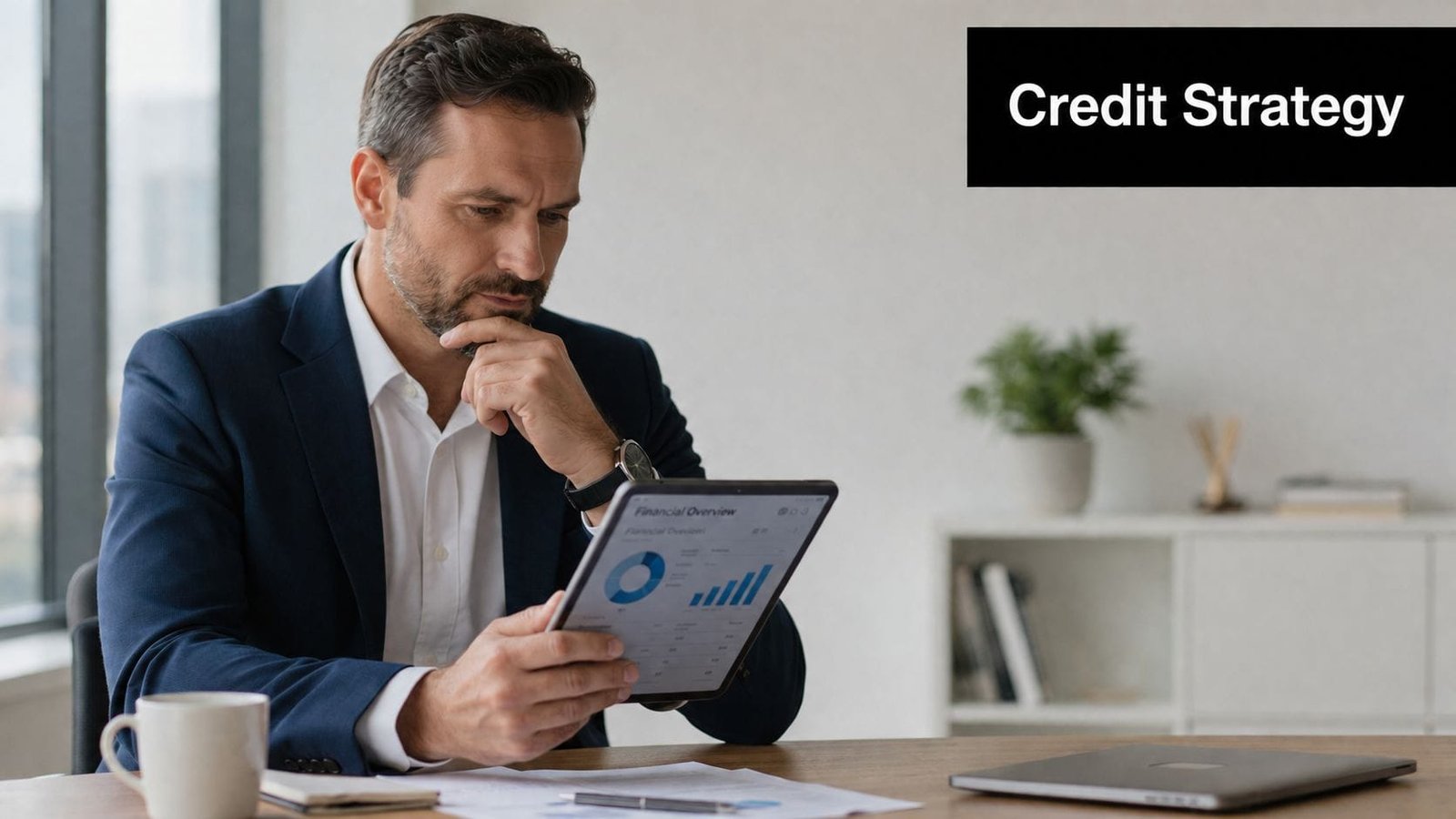 A professional man sitting at a desk reviewing financial data and charts on a digital tablet.