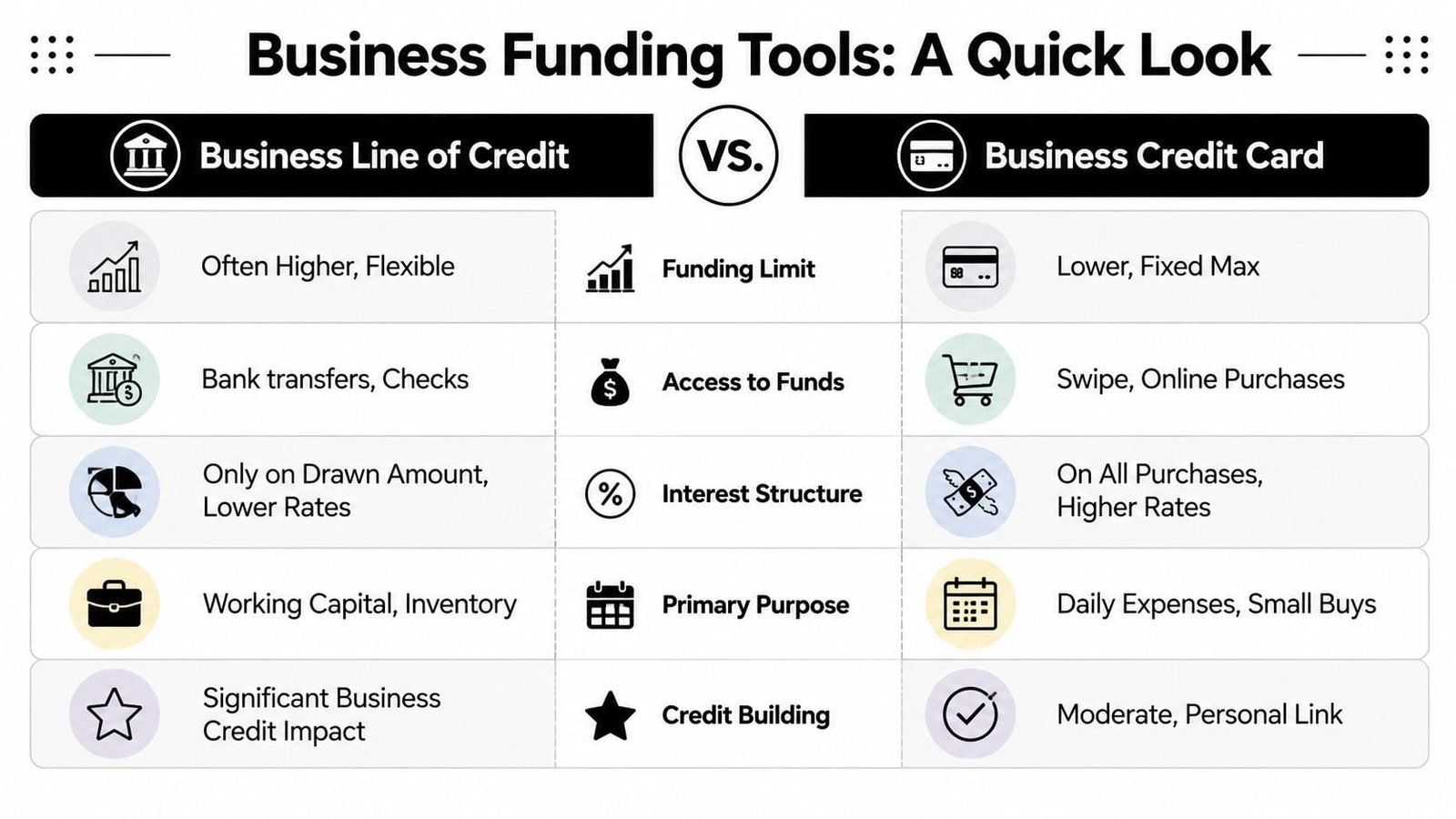 A comparison chart outlining key differences between business lines of credit and business credit cards.