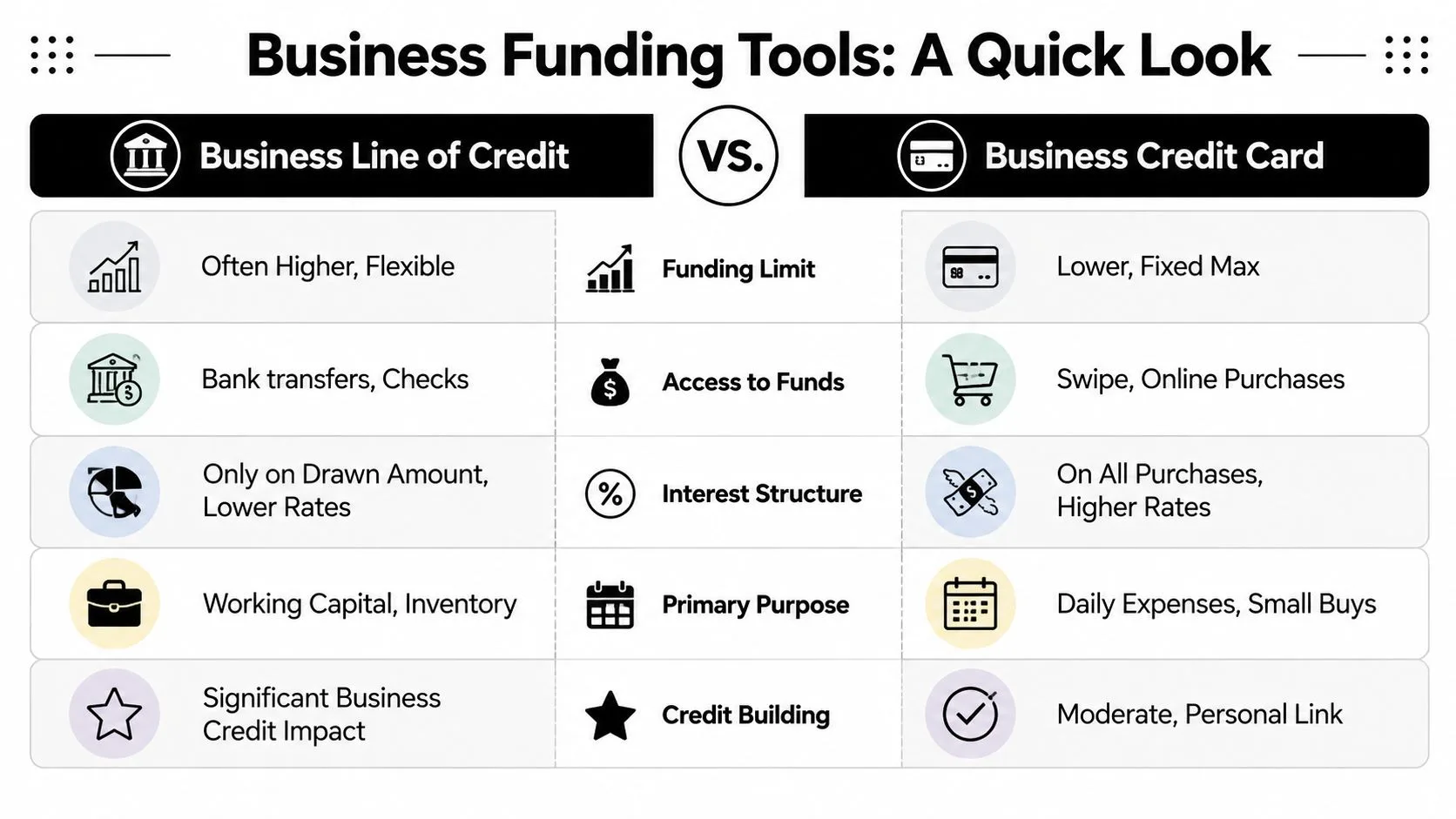 A comparison chart outlining key differences between business lines of credit and business credit cards.