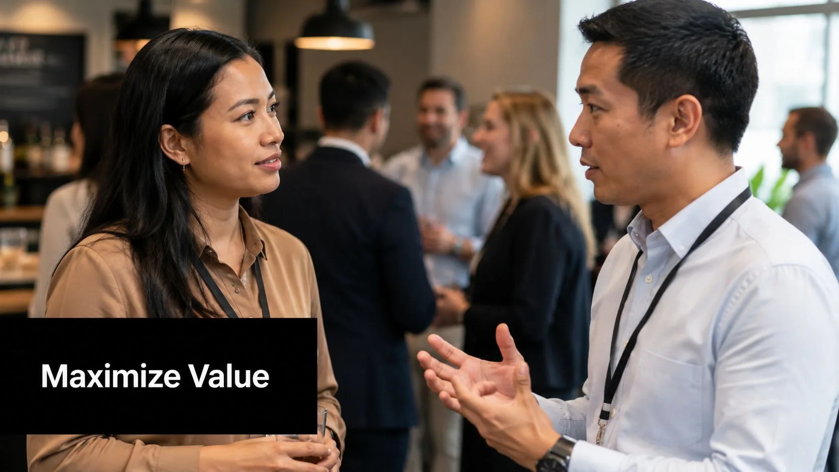 A professional man and woman engaged in conversation during a business networking event.