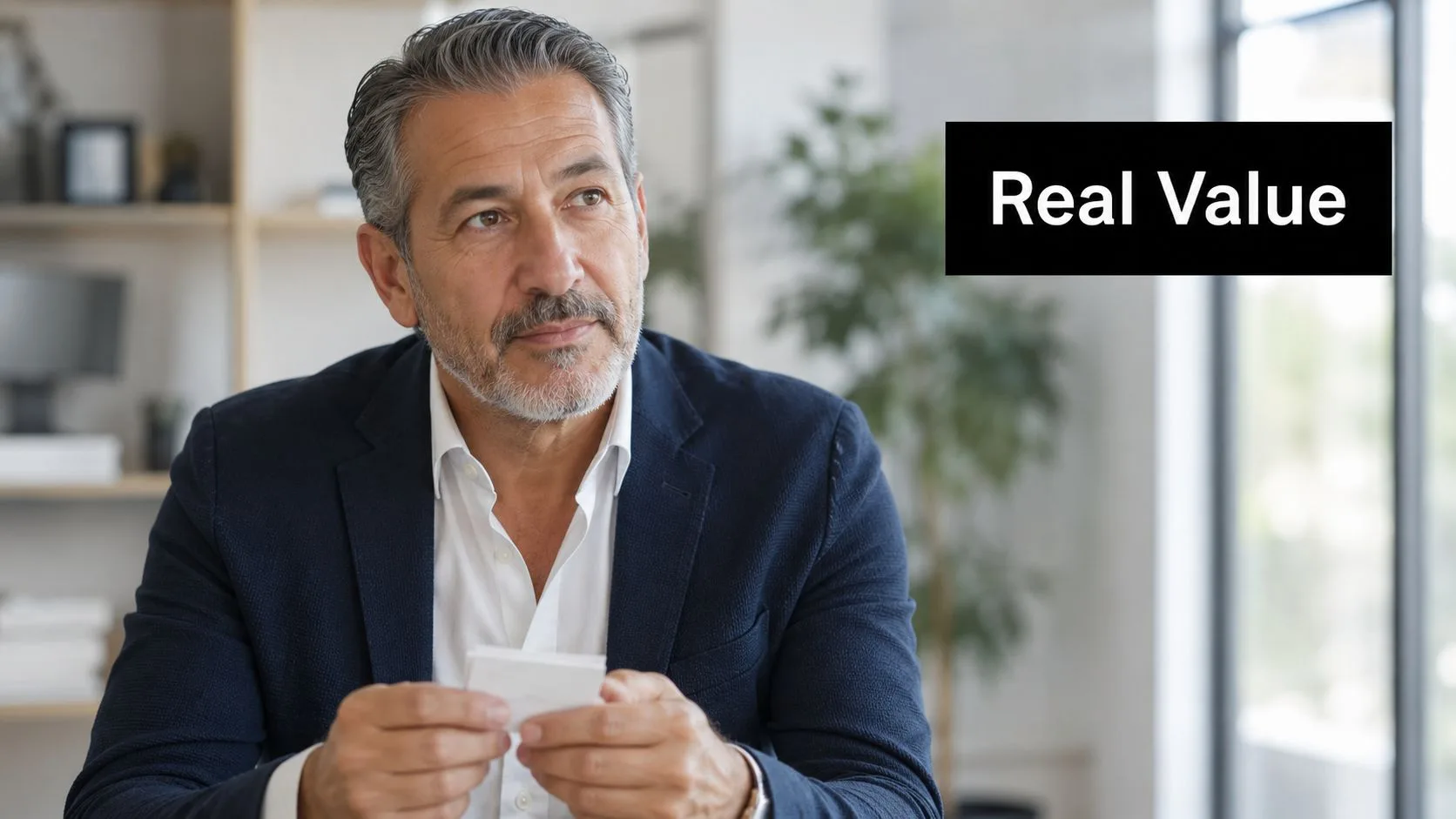 A professional middle-aged man in a suit holding a business card while looking thoughtful in an office.